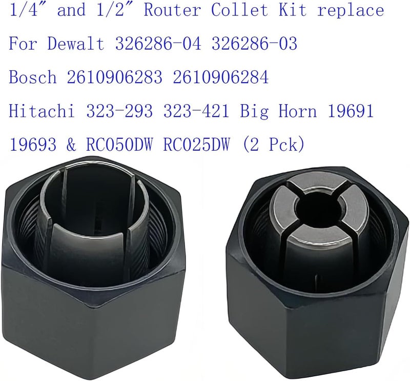 VIGORVIL 1/4" and 1/2" Router Collet Kit replace For Dewalt 326286-04 326286-03 Boschh 2610906283 2610906284 Hitachi 323-293 323-421 Big Horn 19691 19693 & RC050DW RC025DW (2 Pck) - Image 5